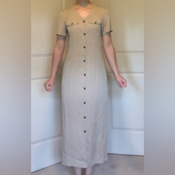 HALSTON Vintage 90s Button Down Shirt Dress Maxi - Picture 1 of 9